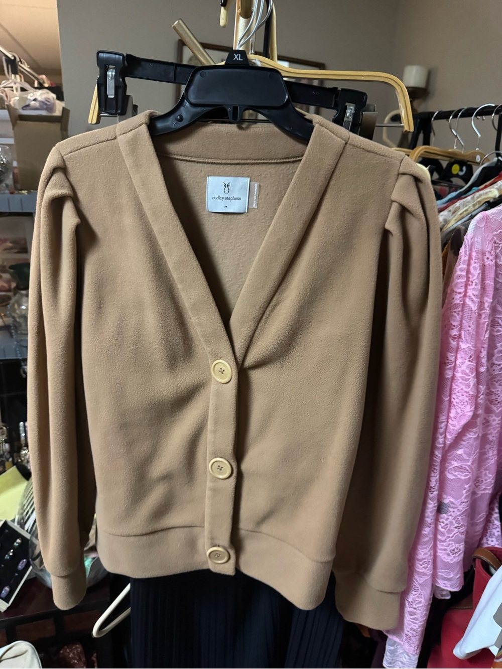 Dudley Stephens Kelly puff sleeve camel V-Neck Button Cardigan Sweater - Picture 5 of 5